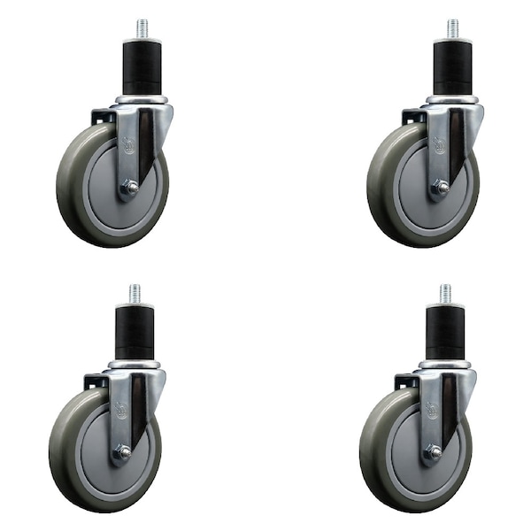 5'' Gray Poly Wheel Swivel 1-3/4'' Expanding Stem Caster Set, 4PK